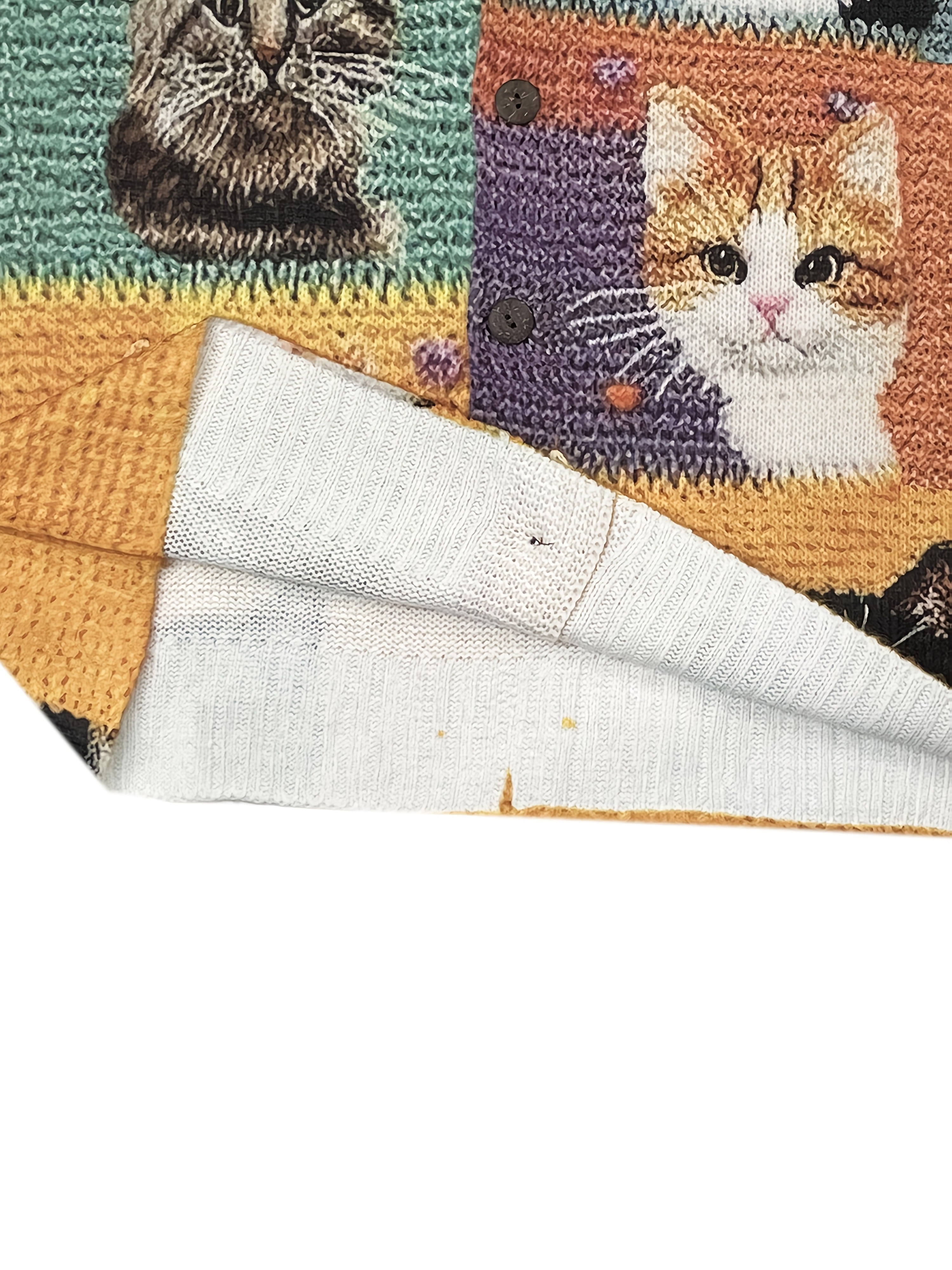 Women'S 3D Printed Crochet Cat Cardigan - Vibrant Colorful Cat Design, Long Sleeve, Button-Up, Round Neck, Lightweight & Breathable for Spring/Fall, Casual Style, Spring Outerwear | Playful Design | Crochet Texture, Cat Cardi