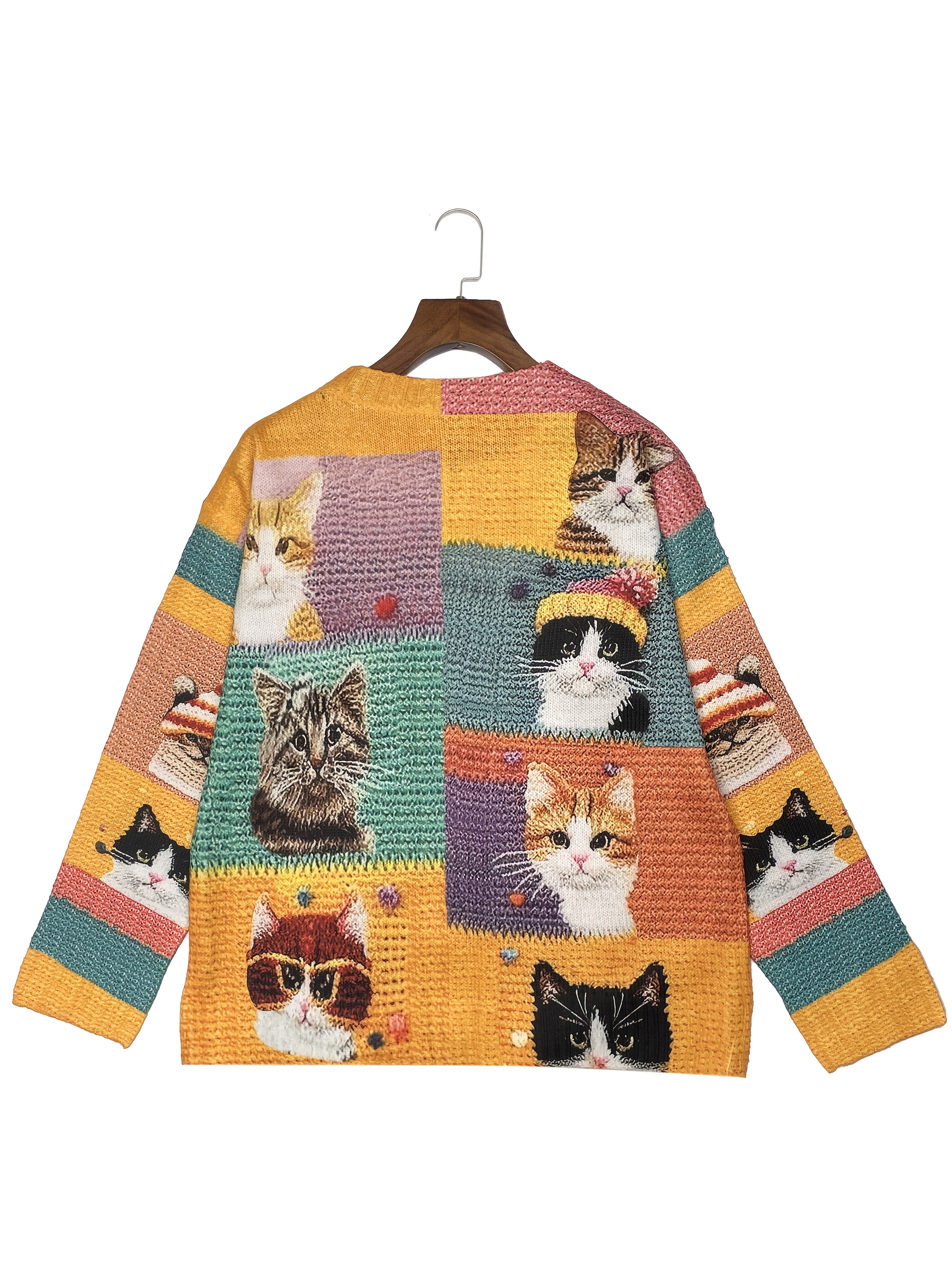 Women'S 3D Printed Crochet Cat Cardigan - Vibrant Colorful Cat Design, Long Sleeve, Button-Up, Round Neck, Lightweight & Breathable for Spring/Fall, Casual Style, Spring Outerwear | Playful Design | Crochet Texture, Cat Cardi