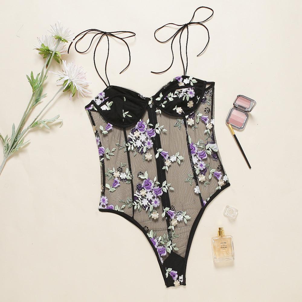 ArtSu Purple Floral Embroidery Lace Bodysuits Womens Bow