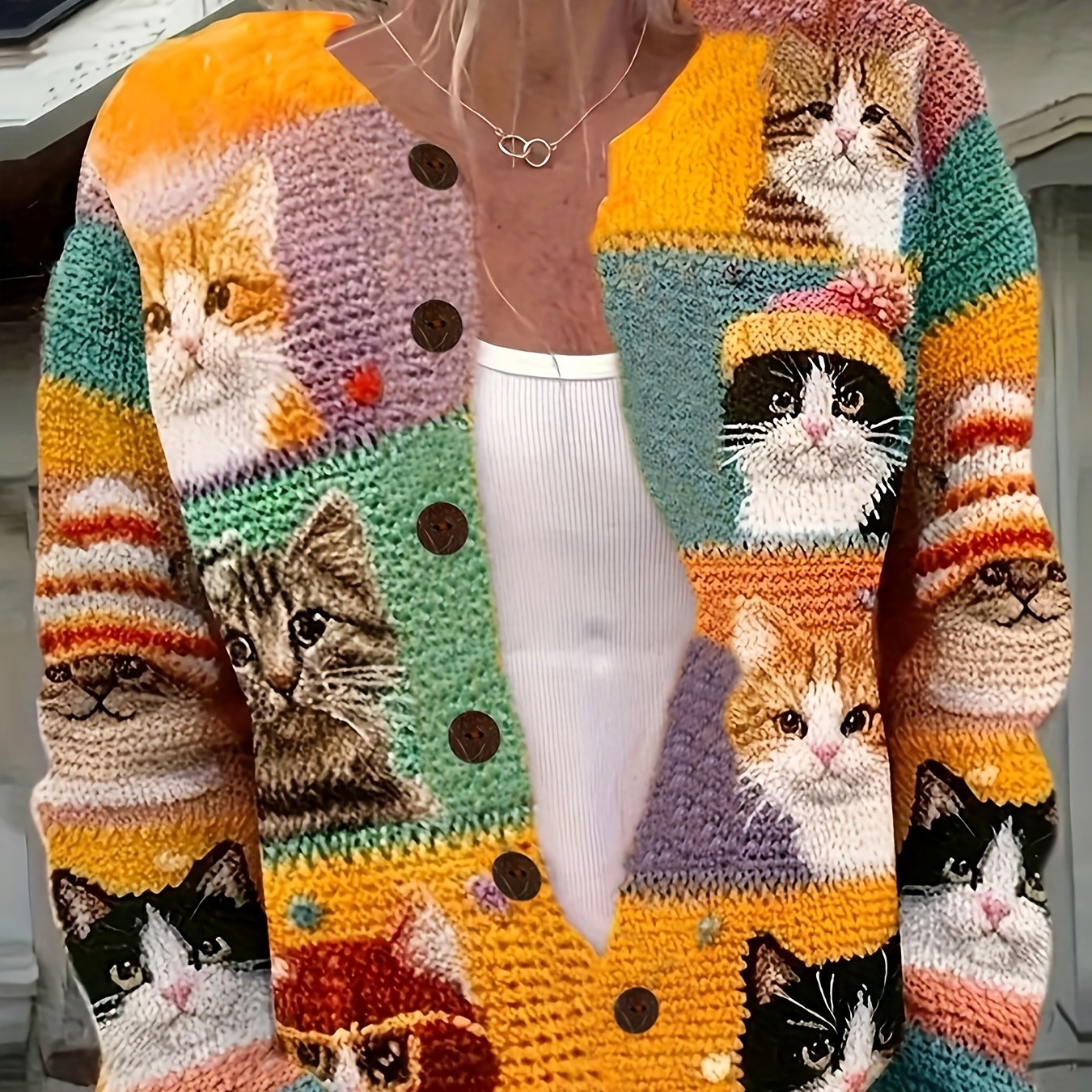 Women'S 3D Printed Crochet Cat Cardigan - Vibrant Colorful Cat Design, Long Sleeve, Button-Up, Round Neck, Lightweight & Breathable for Spring/Fall, Casual Style, Spring Outerwear | Playful Design | Crochet Texture, Cat Cardi