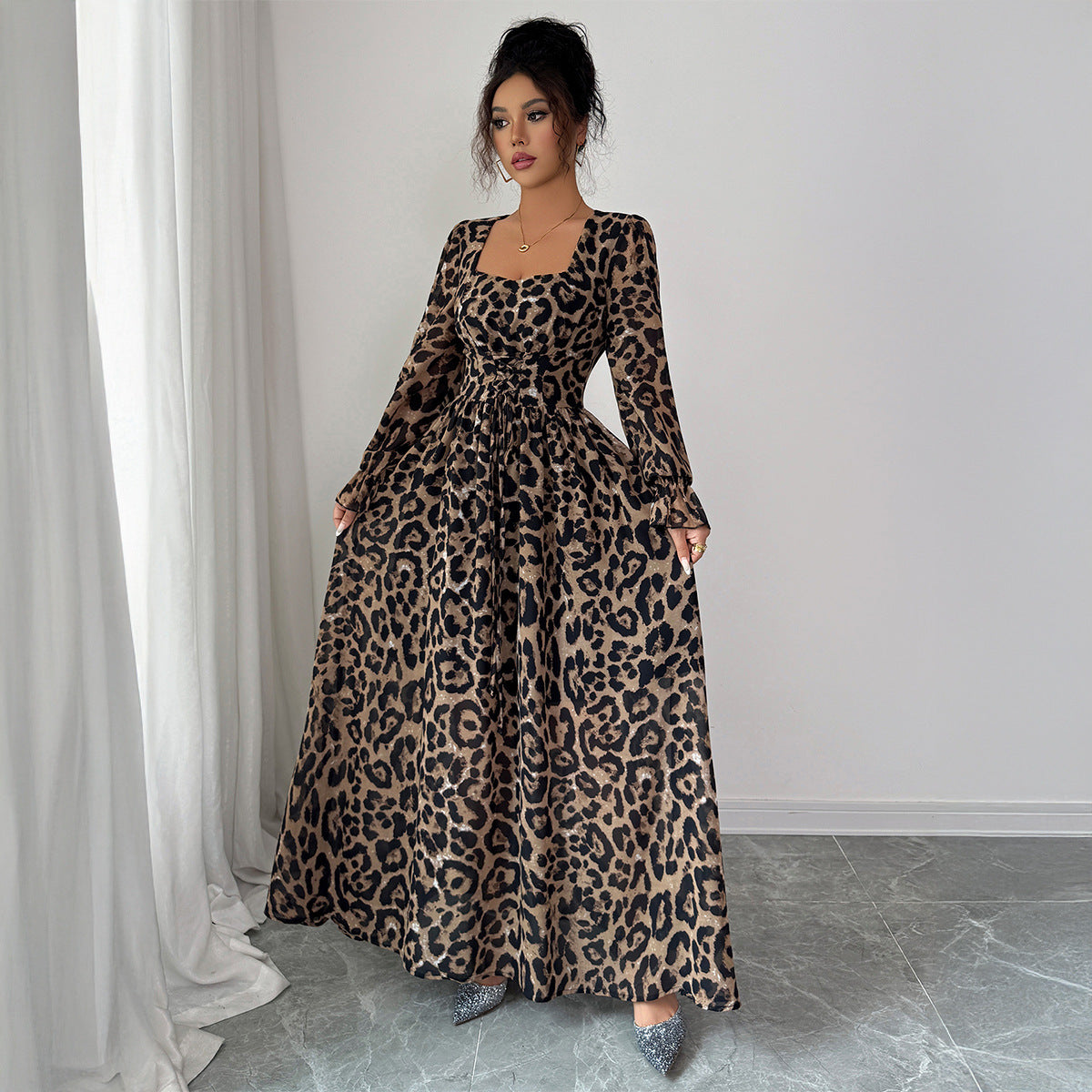 Leopard Print Long Sleeve Maxi Dress Women