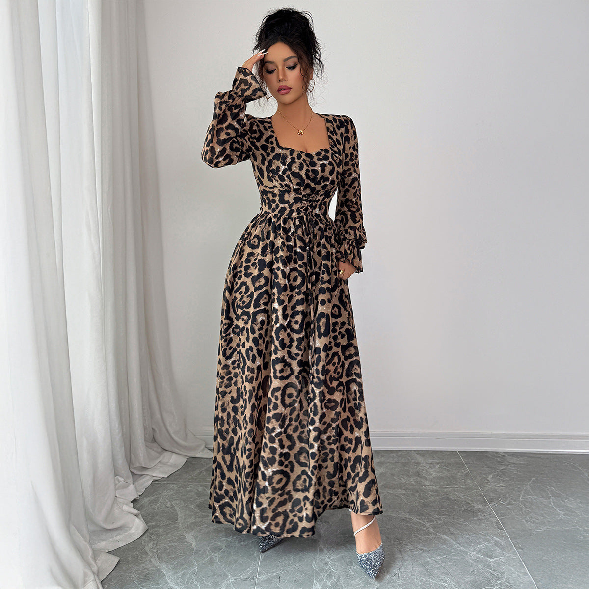 Leopard Print Long Sleeve Maxi Dress Women