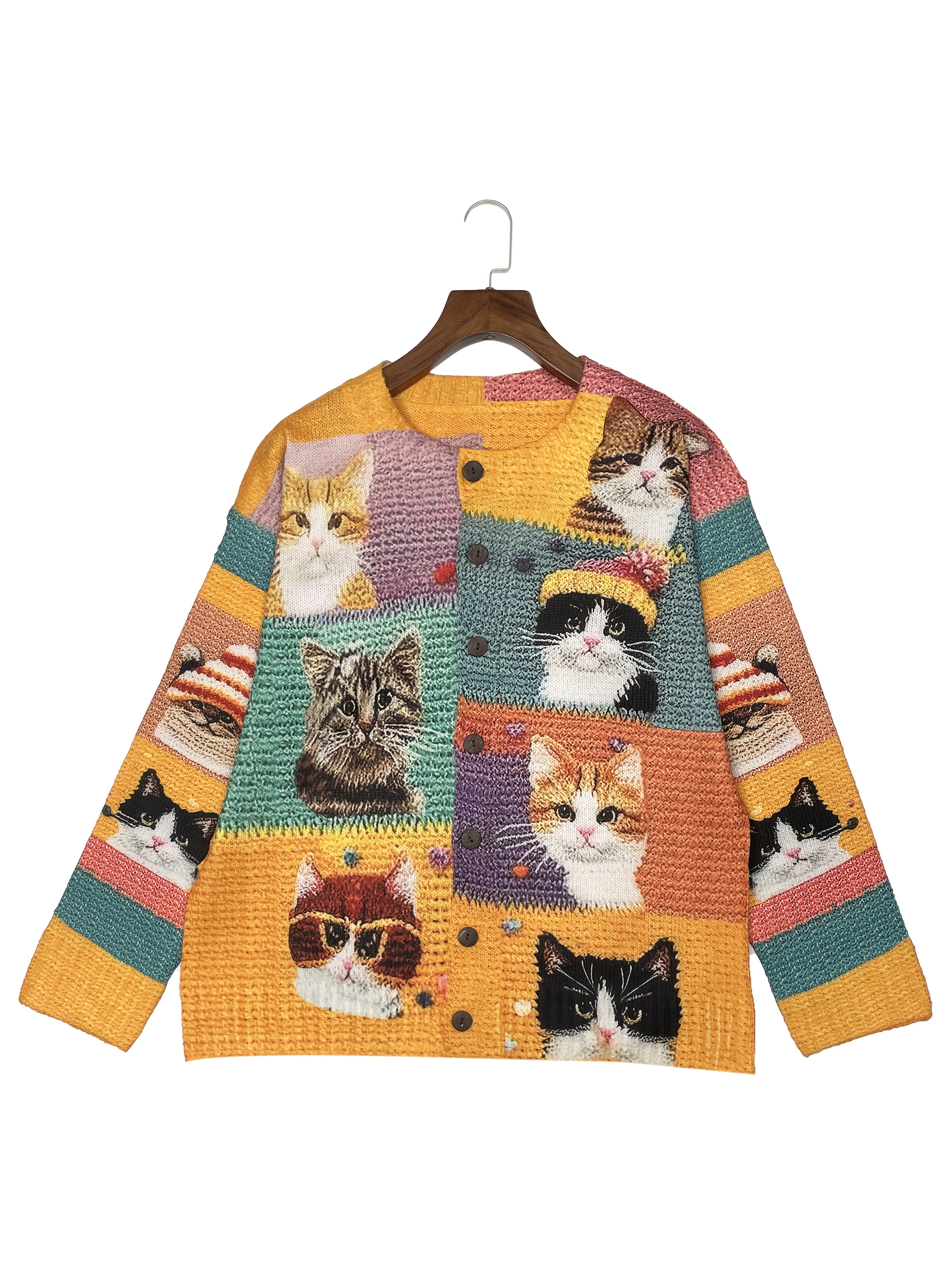 Women'S 3D Printed Crochet Cat Cardigan - Vibrant Colorful Cat Design, Long Sleeve, Button-Up, Round Neck, Lightweight & Breathable for Spring/Fall, Casual Style, Spring Outerwear | Playful Design | Crochet Texture, Cat Cardi