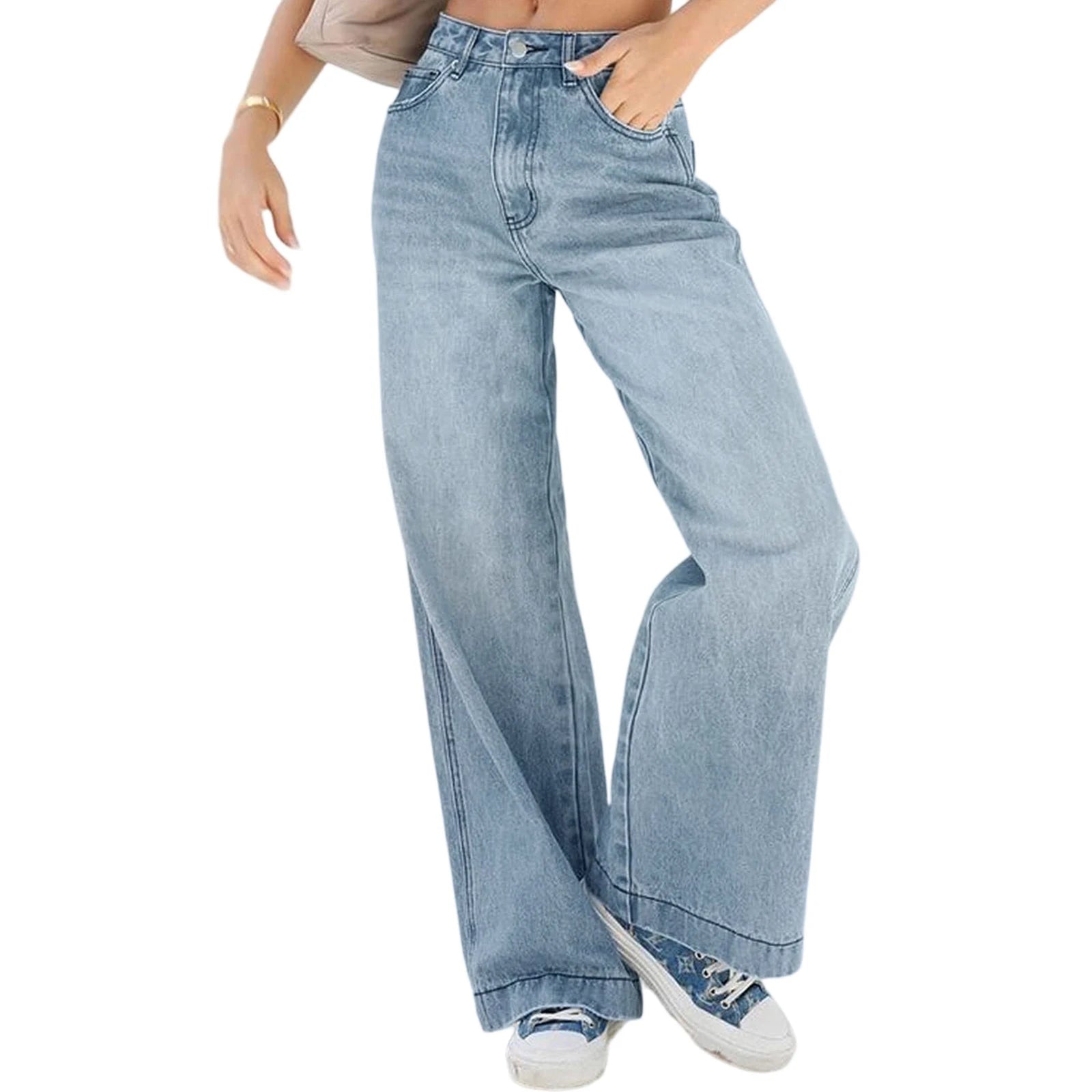 Jeans Wide Leg Jeans Pants For Women Casual For Women Fitshinling Fashion Clothing Vintafe Denim Trousers Light Blue Female