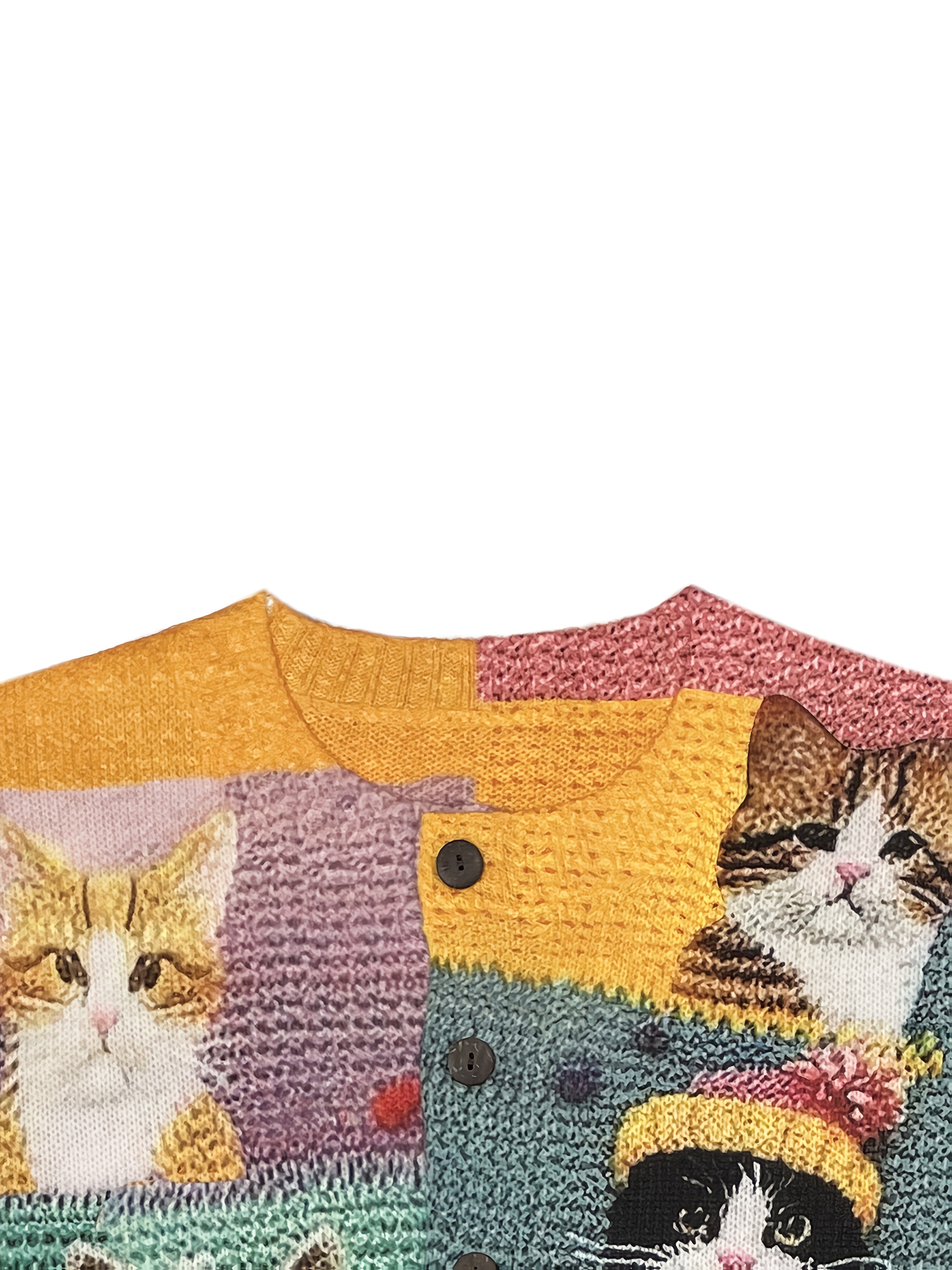 Women'S 3D Printed Crochet Cat Cardigan - Vibrant Colorful Cat Design, Long Sleeve, Button-Up, Round Neck, Lightweight & Breathable for Spring/Fall, Casual Style, Spring Outerwear | Playful Design | Crochet Texture, Cat Cardi