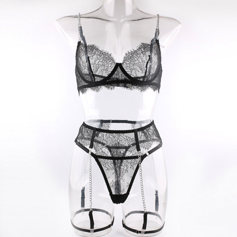 Sexy Lace Bra Fashion Metal Chain Garter Underwear Sets