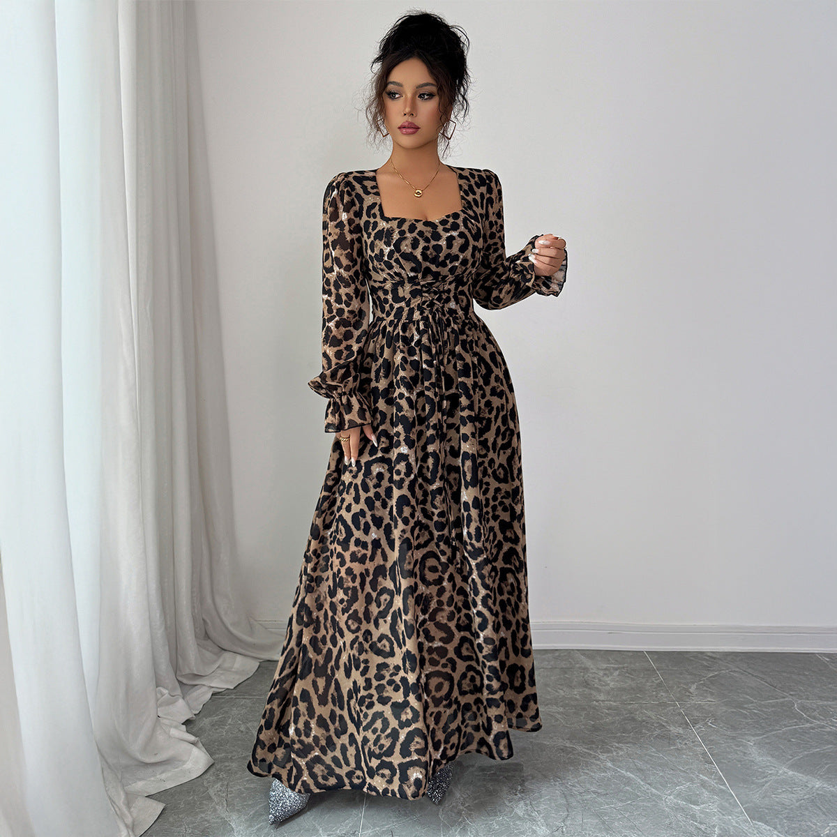 Leopard Print Long Sleeve Maxi Dress Women