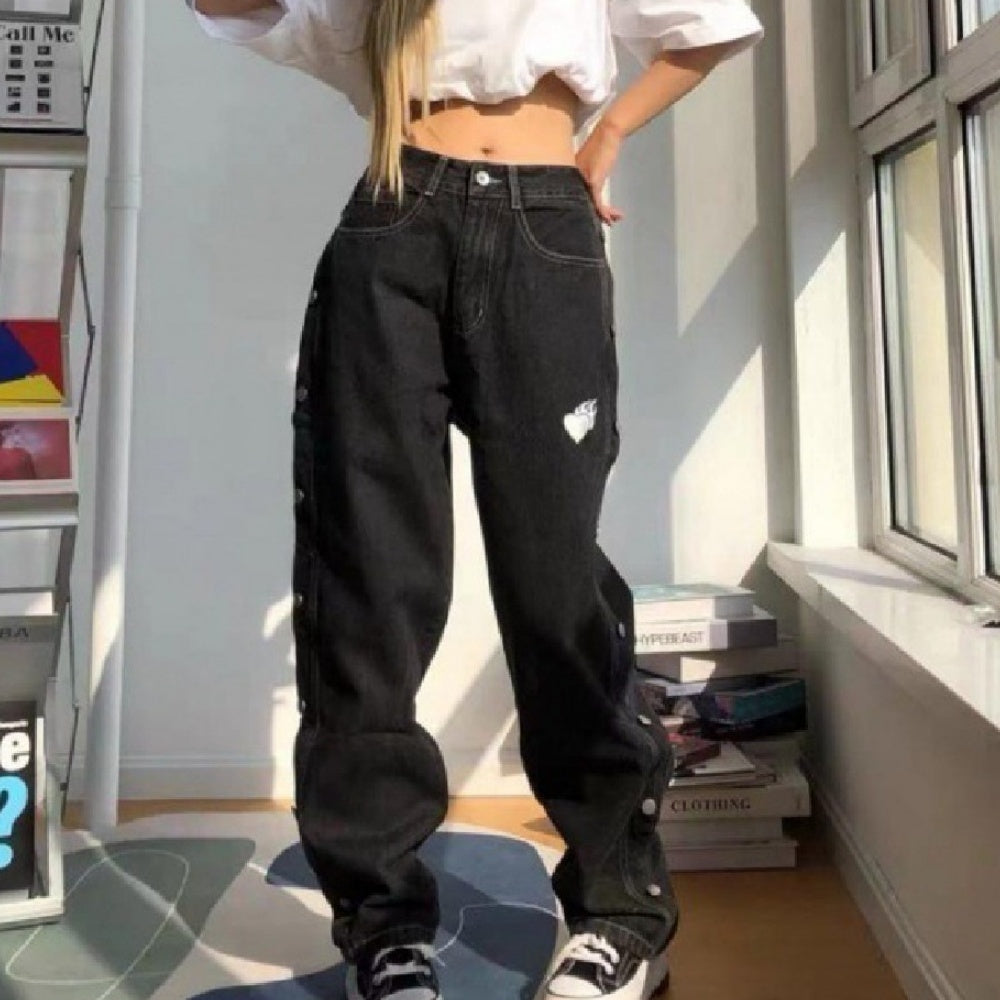 Side Breasted Pants Loose Straight Jeans