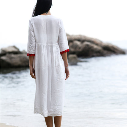 Women Bohemian Floral Embroidery Loose Midi Dress