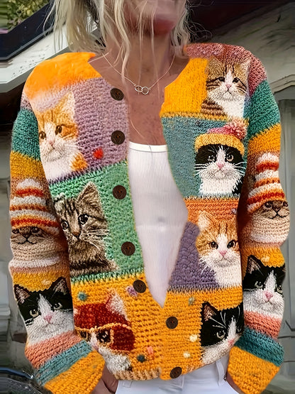 Women'S 3D Printed Crochet Cat Cardigan - Vibrant Colorful Cat Design, Long Sleeve, Button-Up, Round Neck, Lightweight & Breathable for Spring/Fall, Casual Style, Spring Outerwear | Playful Design | Crochet Texture, Cat Cardi