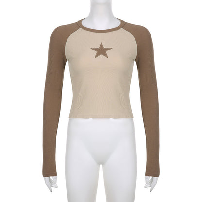 Stars Patchwork Long Sleeve T-shirts Women Slim Tops
