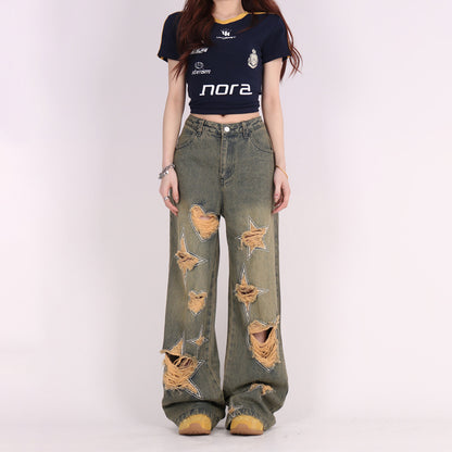 Retro Tattered Jeans Pants Love Wide Leg Jeans