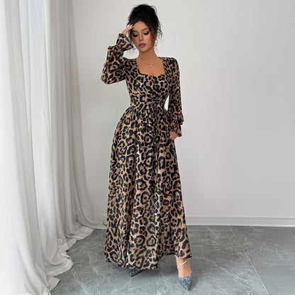 Leopard Print Long Sleeve Maxi Dress Women