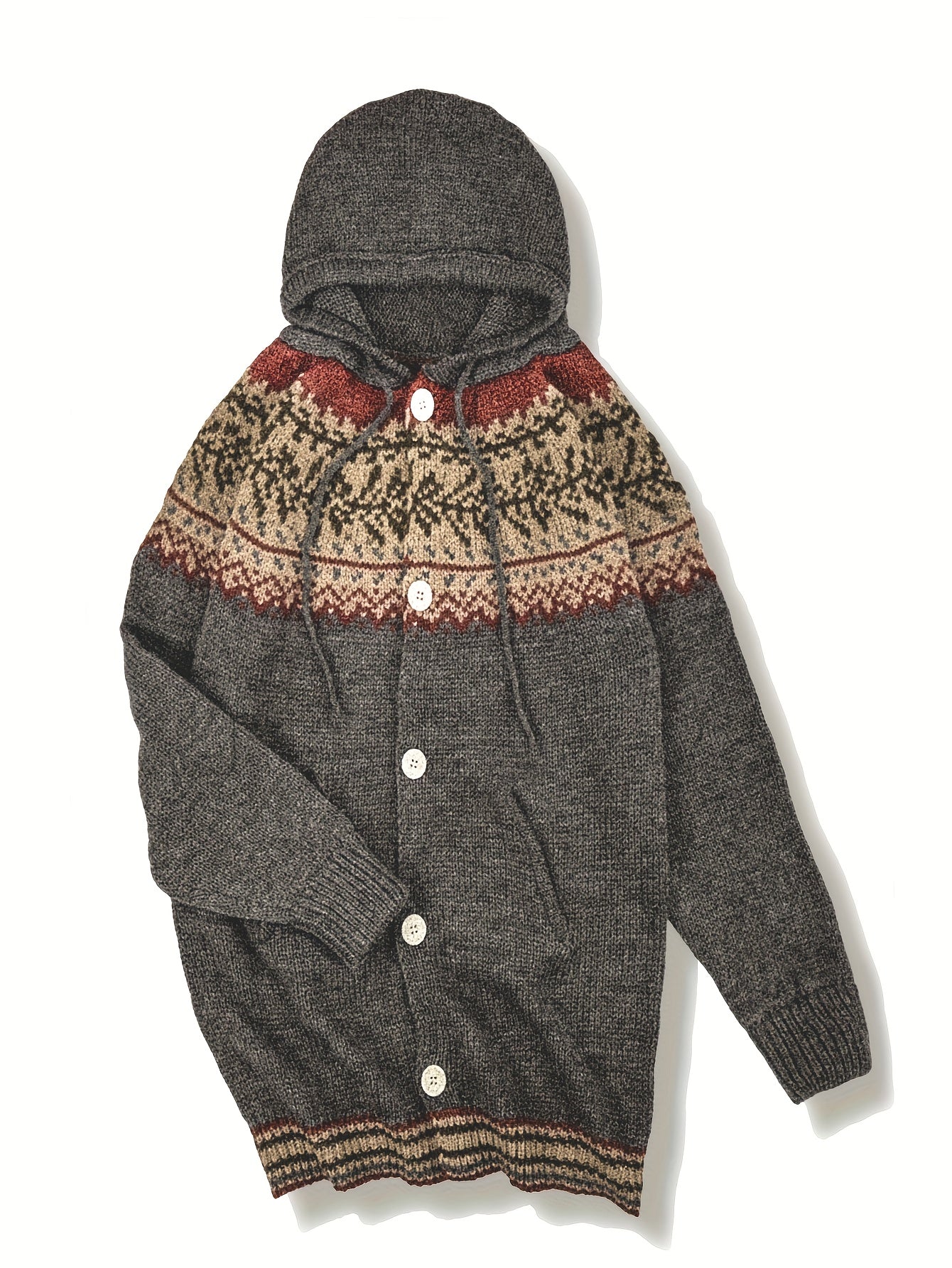 Women'S Soft Jacquard Green Leaf Coat - Elegant Retro Color-Block Hooded Jacket with Contrast Collar & Cuff Trim, All-Season Comfortable Casual Outerwear, Large Size for Layering, Brown/Beige/Tan/Turquoise (Button-Front Closu