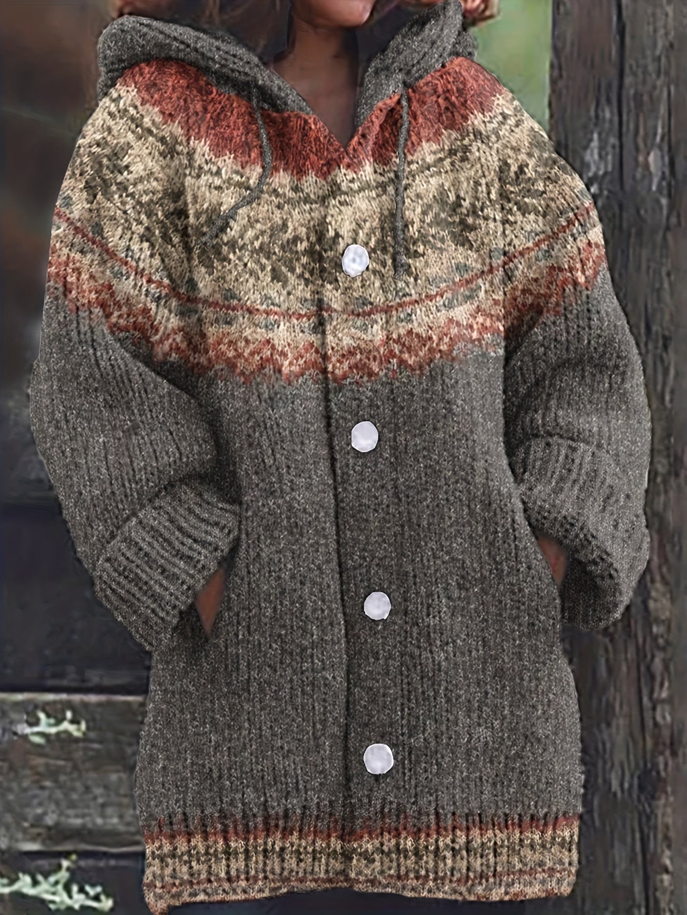 Women'S Soft Jacquard Green Leaf Coat - Elegant Retro Color-Block Hooded Jacket with Contrast Collar & Cuff Trim, All-Season Comfortable Casual Outerwear, Large Size for Layering, Brown/Beige/Tan/Turquoise (Button-Front Closu