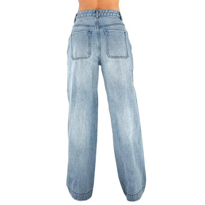 Jeans Wide Leg Jeans Pants For Women Casual For Women Fitshinling Fashion Clothing Vintafe Denim Trousers Light Blue Female