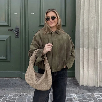 Women's Bomber Jackets Coats Fashion Turn-down Collar Long Sleeve Loose Coats Vintage Female Outerwear Chic Tops