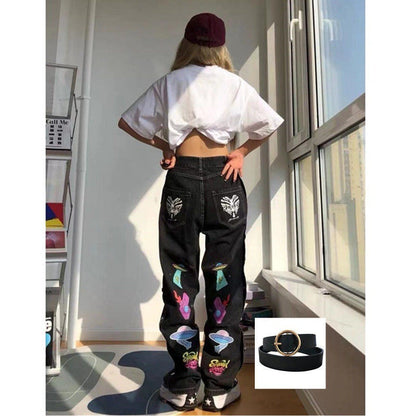 Side Breasted Pants Loose Straight Jeans