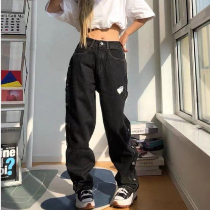 Side Breasted Pants Loose Straight Jeans