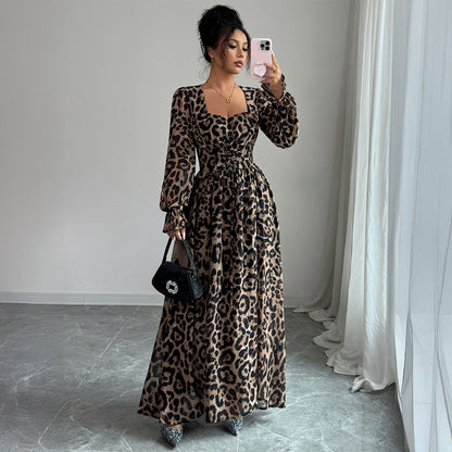 Leopard Print Long Sleeve Maxi Dress Women