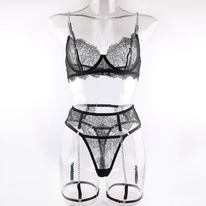 Sexy Lace Bra Fashion Metal Chain Garter Underwear Sets